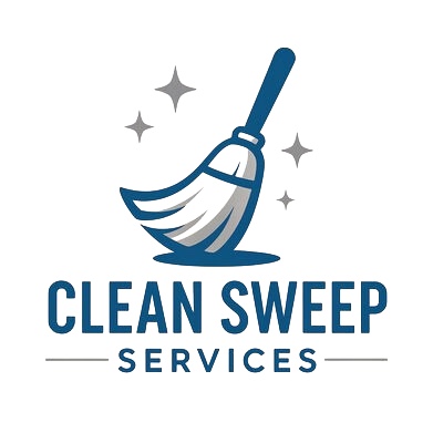 Blue and white cleaning service logo with stylized broom and stars