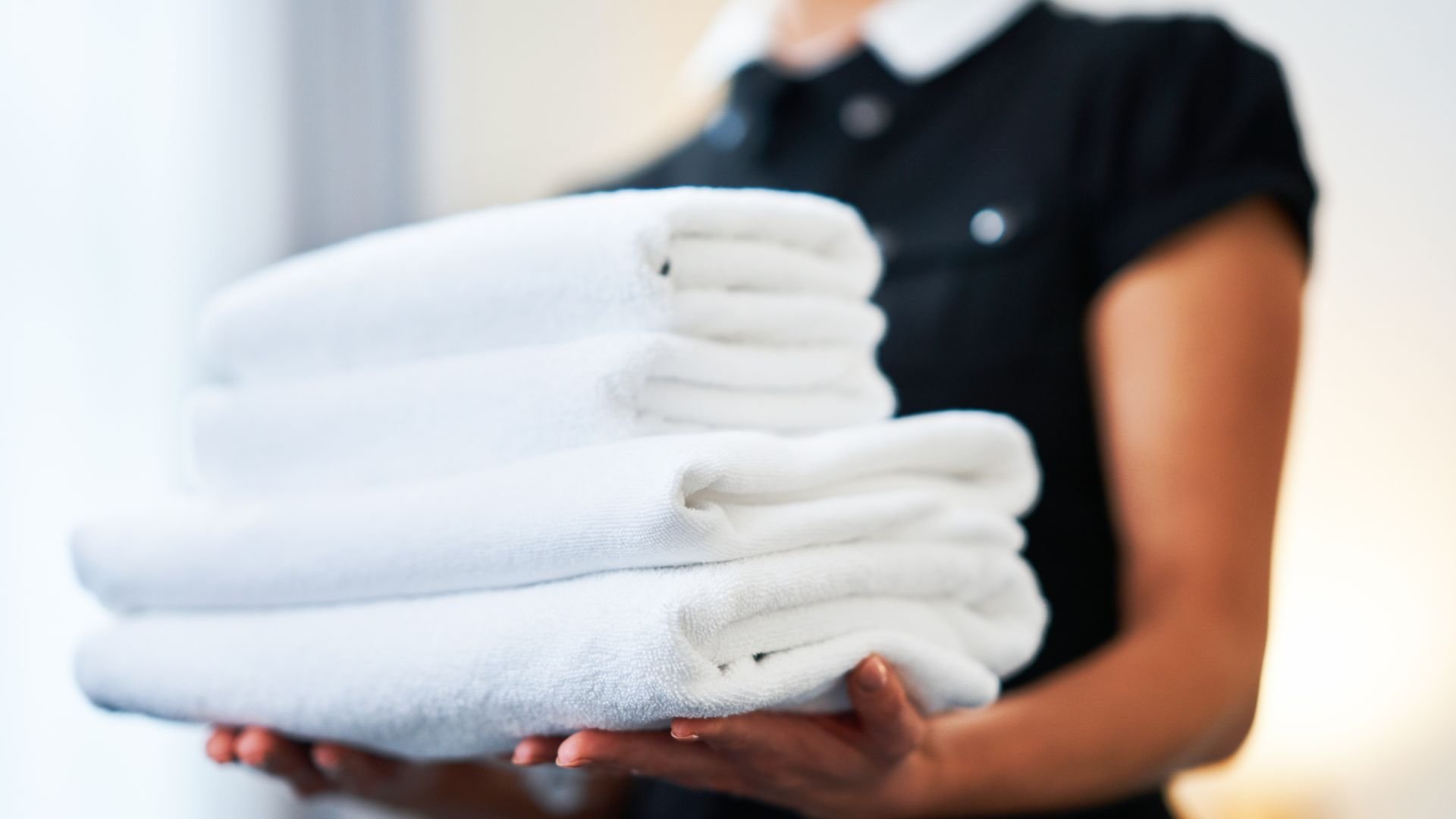 White towels neatly folded and held by someone in a black shirt